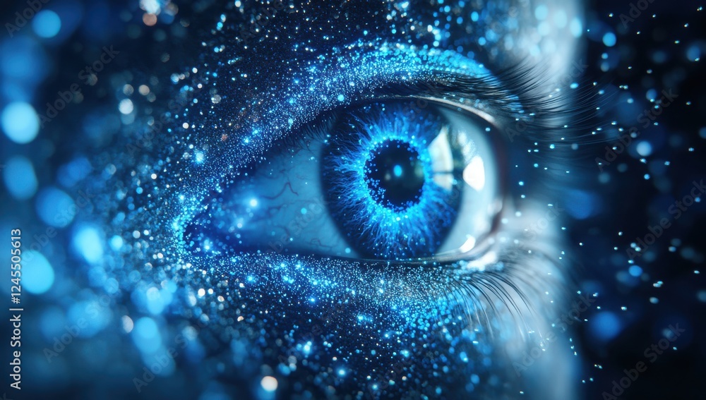 Aufkleber close-up of a blue eye with glittering particles and abstract cosmic background enhancing the visual