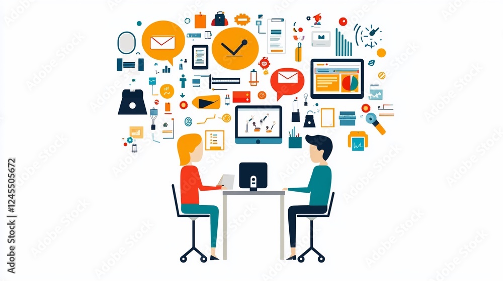 Poster two people are sitting at a table with various digital icons floating overhead depicting business th