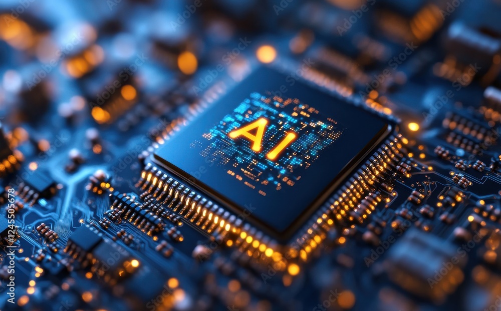 Poster close-up of a futuristic ai chip surrounded by intricate circuitry highlighting technology and innov