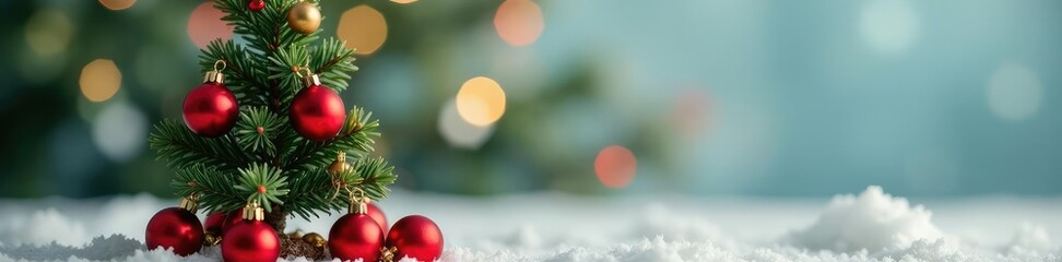 Fototapeta premium Tiny Christmas tree decorated with bright red shiny balls, mini tree, shiny, bright red