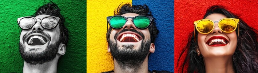 Happy friends laughing, colorful background, summer fun