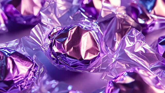 Shimmering metallic wrappers transition in blurred purple tones