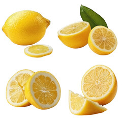 Fototapeta premium Fresh and Juicy Lemons Isolated on White Background: Whole, Sliced, and Ready to Use for Cooking, Juicing, and Healthy Recipes