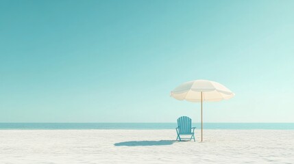 A minimalist beach scene with a blue chair and a white umbrella under a clear sky 