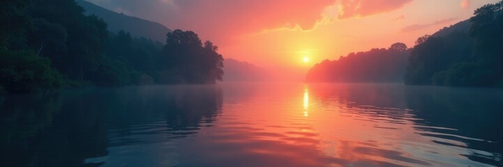 Fototapeta premium The river's surface is dotted with ripples as an eerie sunrise creeps over the horizon in soft light, river, soft, peaceful