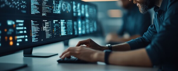 Professional staff utilizing advanced holographic interfaces to visualize and interact with complex data enabling enhanced analysis strategic planning and business intelligence for a high tech