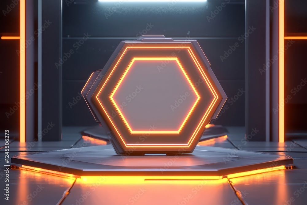 Poster clean lines and a futuristic design frame a hexagonal badge mockup, glowing softly in a 3d studio en