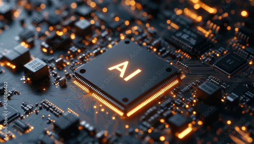 Poster close-up of an intricate circuit board showcasing a glowing ai chip surrounded by various electronic