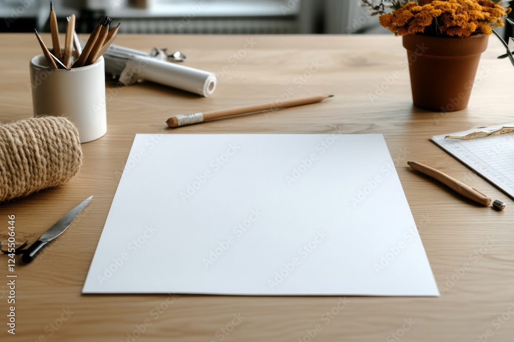 Poster minimalist architectural blueprint design wooden desk with drafting tools and craft paper - enhancin