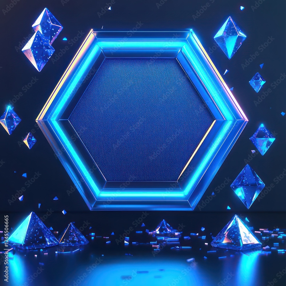 Poster highlighted by glowing pyramids, an embroidered badge mockup floats within a hexagonal neon blue fra