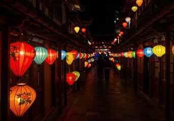 illuminated lanterns glow in east asian night streets