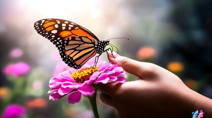 A delicate butterfly lands on a child's finger while they reach for a vibrant flower in a garden