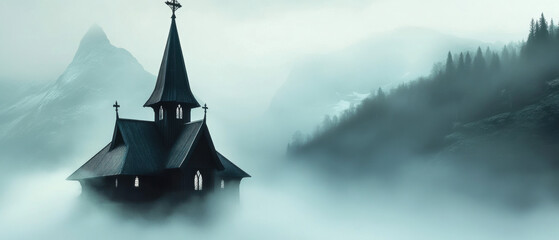 Norwegian stave church in the misty mountains surrounded by fog