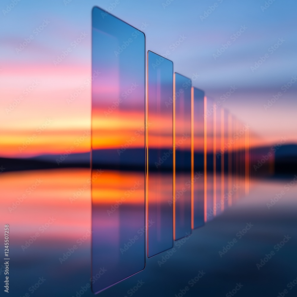 Poster Tech-Inspired Data Visualization Contemporary Glass Panels with Sunset Gradient Reflection - Secure Access Imagery for Innovation-Driven Marketing and Cybersecurity Campaigns