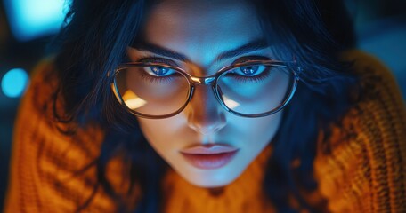 Fototapeta premium Close-up shot of a woman wearing glasses with a thoughtful expression, illuminated by cool blue tones, emphasizing her striking features and warm sweater texture.