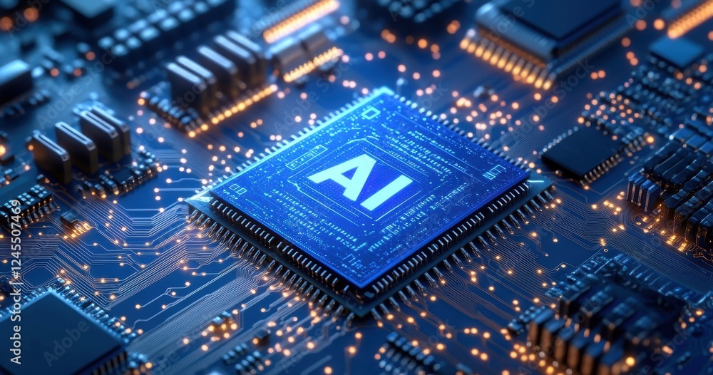 Poster close-up view of a microchip with ai inscription on a futuristic circuit board, symbolizing advanced