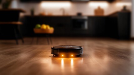 Fototapeta premium AI-Powered Minimalist Home Automated Vacuum Navigating Hardwood Kitchen Floor Smart Living Solutions for Eco-Friendly and Efficient Modern Lifestyles in Urban Spaces