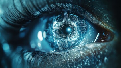 Close-up View of a Futuristic Human Eye with Digital Circuit Patterns Emphasizing Technology and Innovation in Artificial Intelligence Concepts