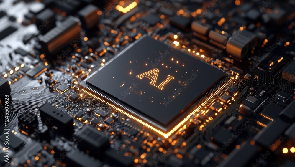 Poster close-up view of advanced microchip featuring ai technology on a circuit board with glowing elements