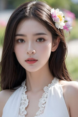 Naklejka premium Young Asian woman in a lace dress with flowers in her hair, in flower blossom garden, looking at the camera, soft lighting 