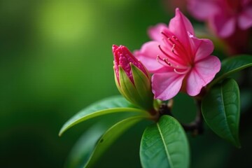 Fototapeta premium Small green bud nestled among leaves on a Rhododendron branch, blossoms, rhododendron