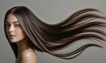 A beautiful woman with long hair flying high