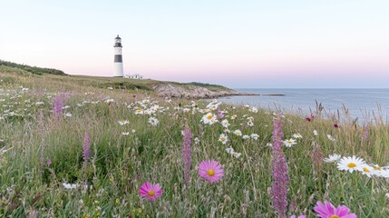 Coastal lighthouse wildflowers sunset ocean
