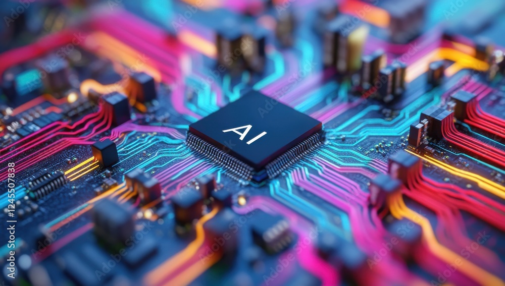 Poster close-up view of circuit board with colorful patterns and ai chip highlighting technology advancemen