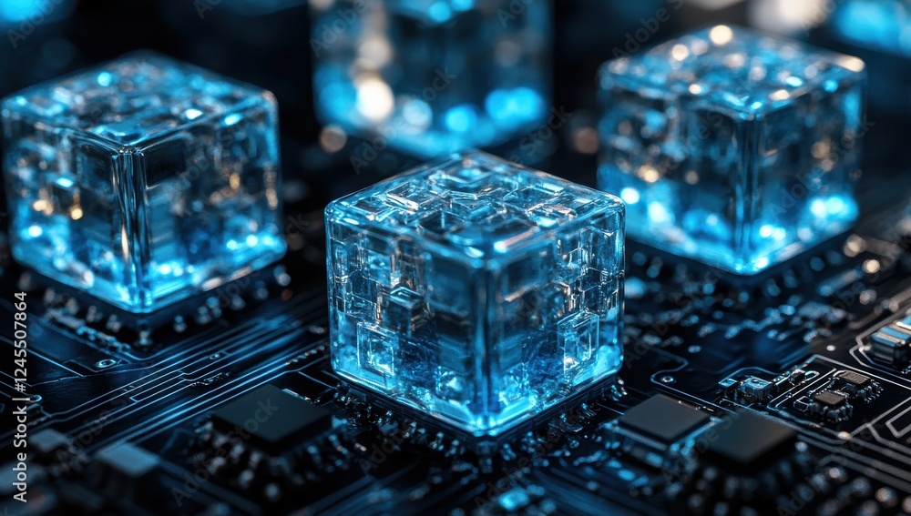 Poster close-up view of blue transparent cubes on a circuit board with glowing light emphasizing technology