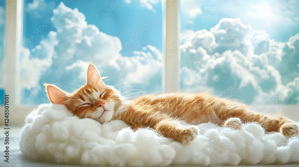 Poster adorable ginger tabby cat peacefully napping on a soft fluffy cushion placed by a bright window with