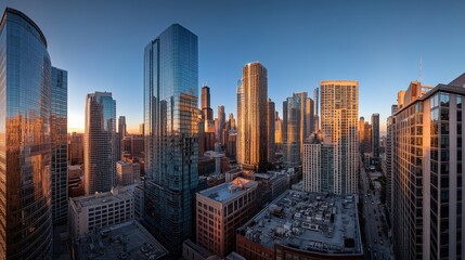 Obraz premium Wide angle shot of a bustling business district skyline featuring towering glass skyscrapers reflecting the morning sun amidst urban vibrancy and activity