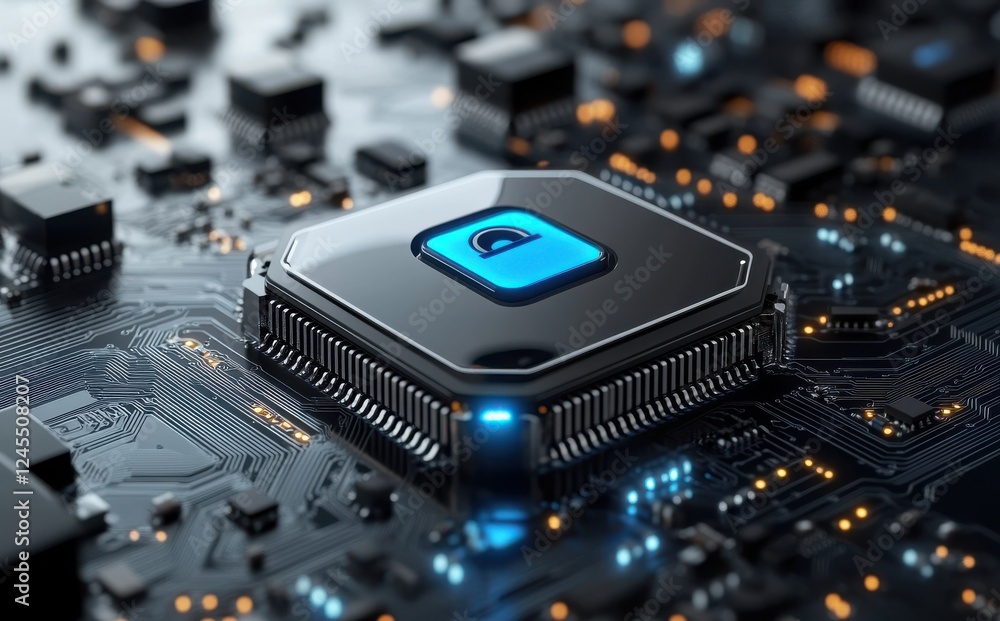 Poster close-up view of modern microprocessor on circuit board with illuminated details, high-tech digital 