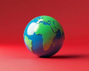 Fototapeta premium Globe vivid colors red background earth global concept educational geography bold minimalist