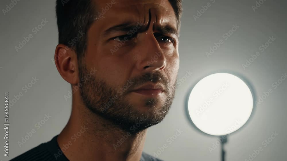 Poster Close-up, static video of a man with a slight stubble, his initial contemplation evolving into a melancholic state, tears beginning to form against a simple off-white background
