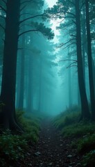 Mysterious forest with smoke rising from trees, mystical, eerie, forest