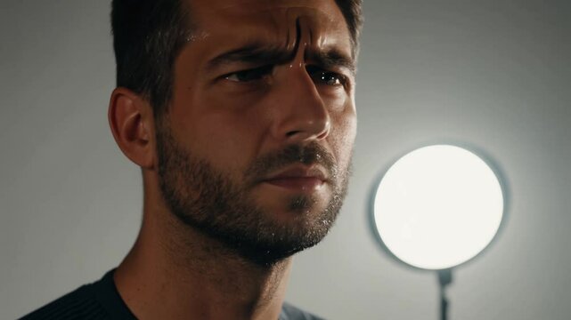 Close-up, static video of a man with a slight stubble, his initial contemplation evolving into a melancholic state, tears beginning to form against a simple off-white background