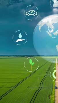 Vertical - Sustainability Icons Around Spinning Earth Backdropped By Billowing Dark Clouds Over Field. drone hyperlapse, after-effects
