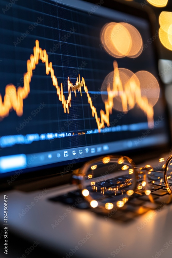 Poster Dynamic Cryptocurrency Interface Real-Time Trading Graph on Sleek Screen with Ambient Bokeh Lights - Cutting-Edge Financial Technology for Modern Digital Investors