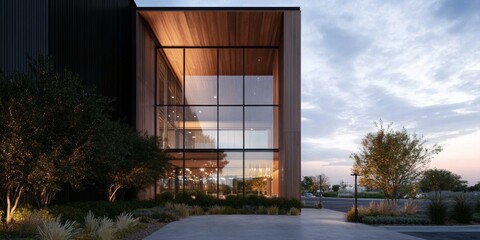Sleek Geometric Facade of Modern Office Building with Glass and Wood Materials - Real Estate Innovation and Sustainable Corporate Architecture for Dynamic Work Environments