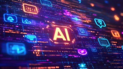 Obraz premium Colorful Abstract Digital Background with AI Concept Illustration and Various Technology Symbols Glowing in Neon Colors on a Dark Surface