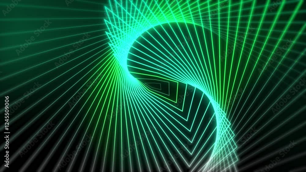 Poster swirling wave warp shape neon glowing lines geometric pattern design 3d animation on dark gradient b