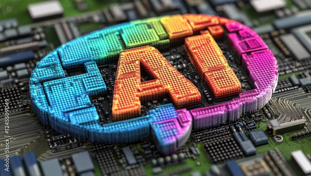 Poster colorful ai text on circuit board background representing innovation in technology and artificial in