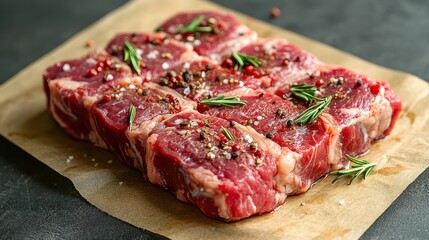 Obraz premium Raw beef steaks seasoned with rosemary, salt, and peppercorns on parchment paper.