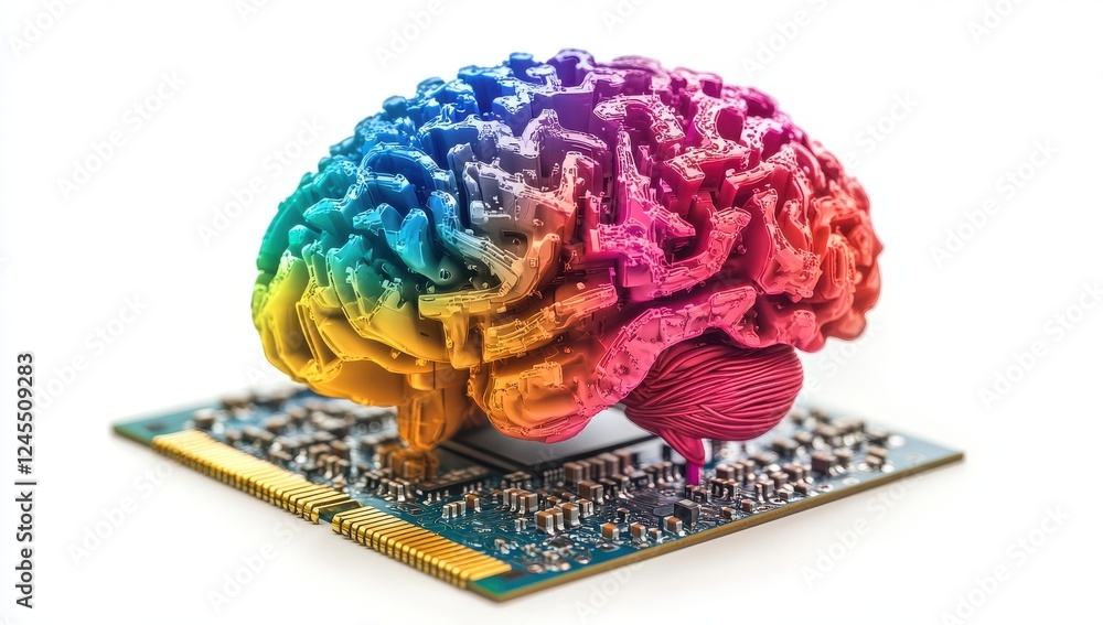 Poster colorful brain model on circuit board conceptual representation of artificial intelligence and human
