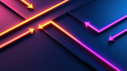 Leadership development confidence adaptability concept. Neon arrows intersecting on a dark background, creating a modern design.