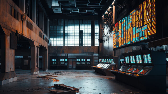 A stock exchange with dark tones, broken screens, and a sense of economic collapse