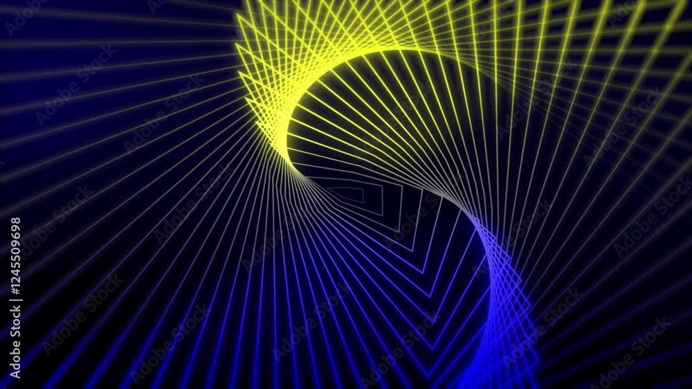 Poster swirling wave warp shape neon glowing lines geometric pattern design 3d animation on dark gradient b
