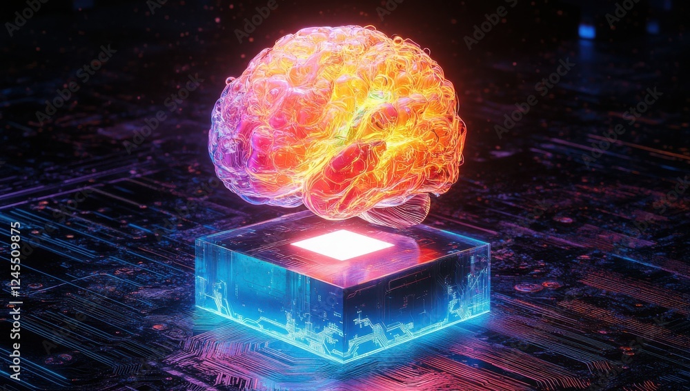 Poster colorful glowing brain on microchip representing artificial intelligence, neural networks, and futur