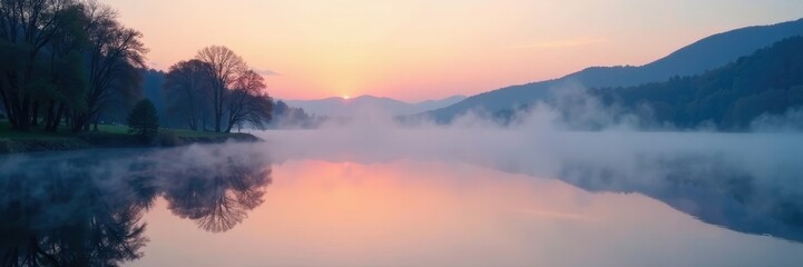 Mist rising from a lake's surface in the early morning twilight, peaceful, soft, reflective