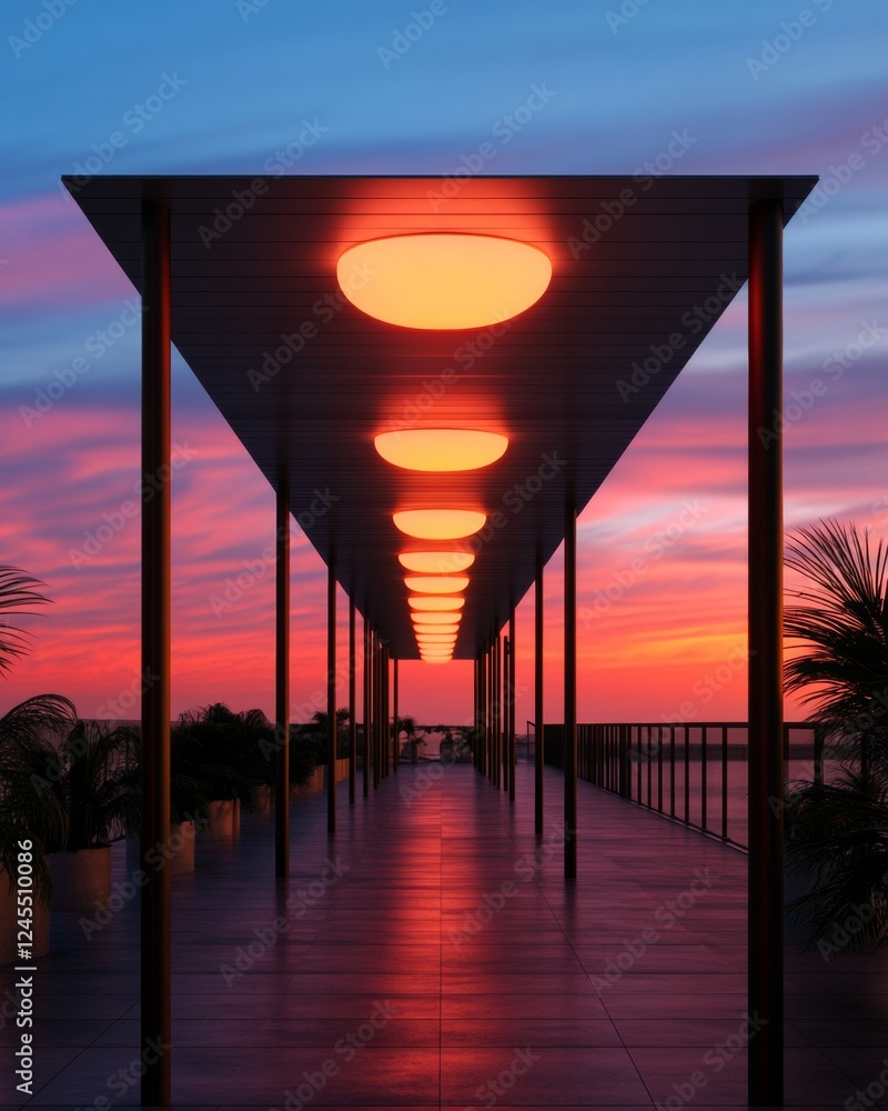 Aufkleber retro synthwave aesthetic vibrant lit corridor with palm shadows and sleek metallic textures - engag